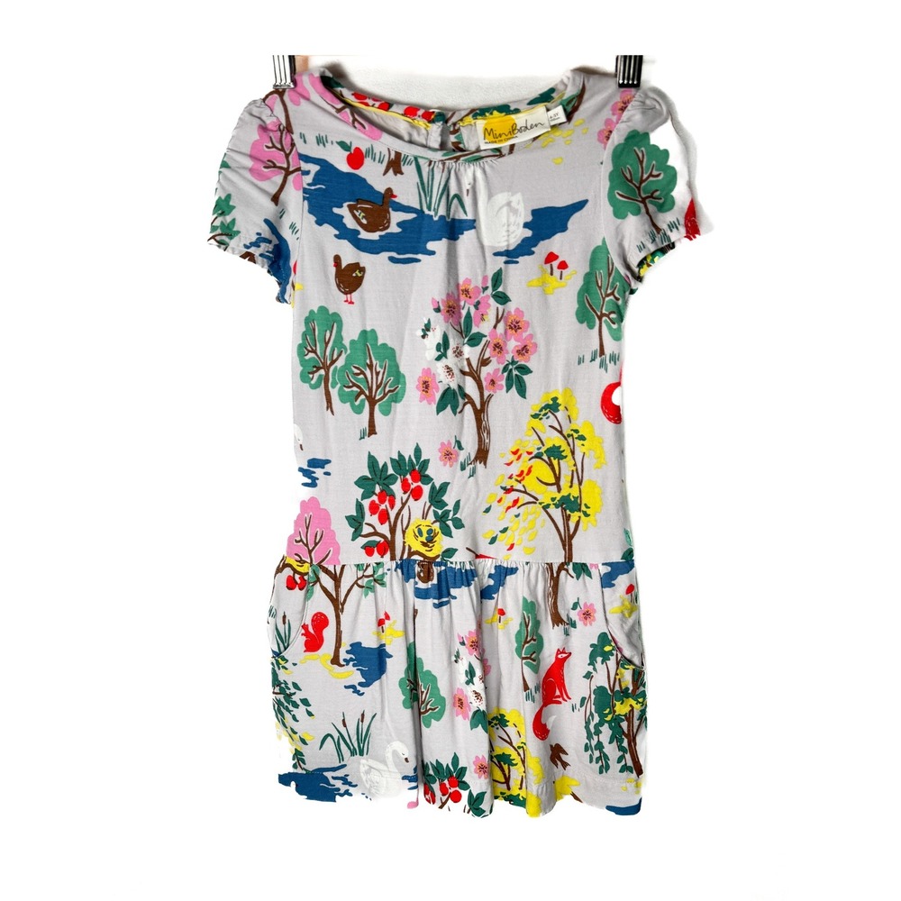 Mini Boden Girls Gray Woodland‎ Animals Print Dress, Size 4-5Y